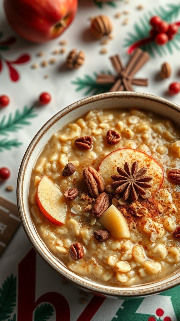 A bowl of spiced apple oatmeal topped with apple slices, nuts, and cinnamon, surrounded by festive decorations.
