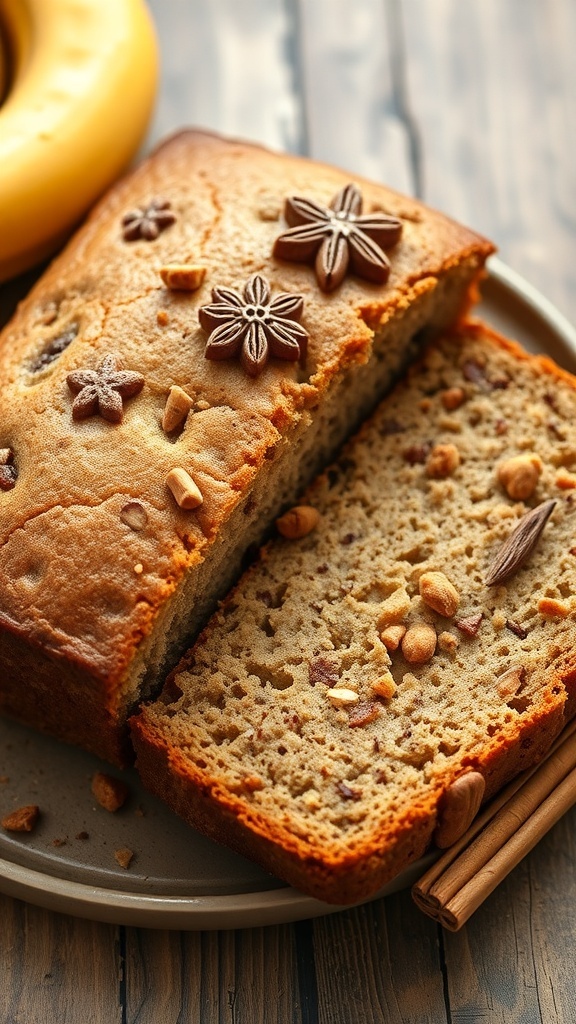 A loaf of spiced banana bread with slices cut, showcasing a moist texture and warm spices.