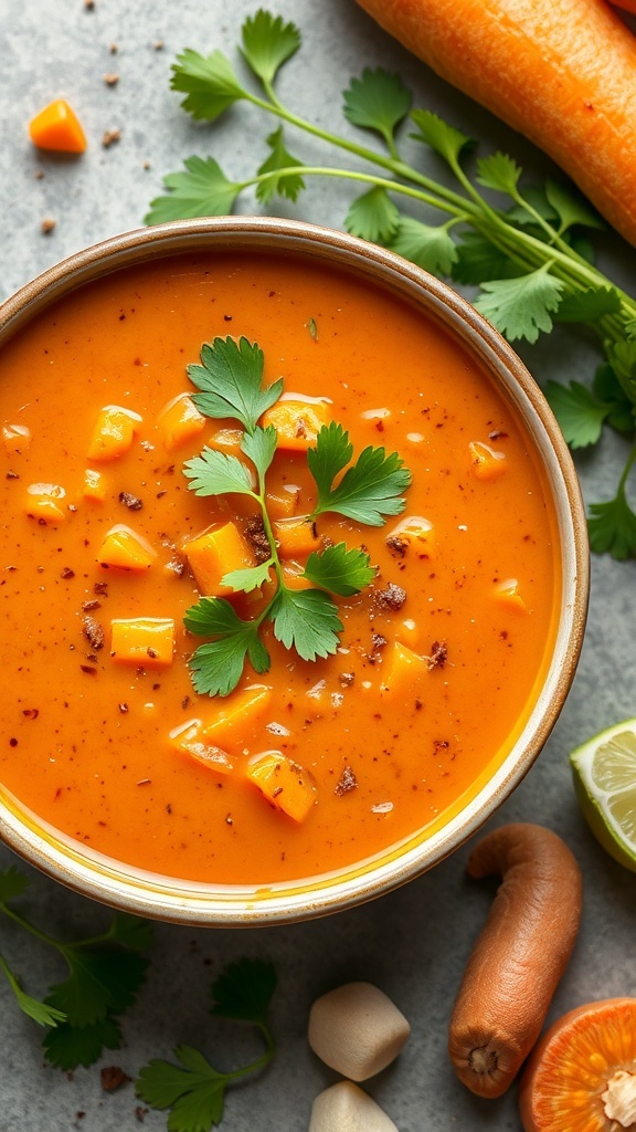 A bowl of spiced carrot and lentil soup garnished with cilantro, surrounded by fresh carrots and lime.
