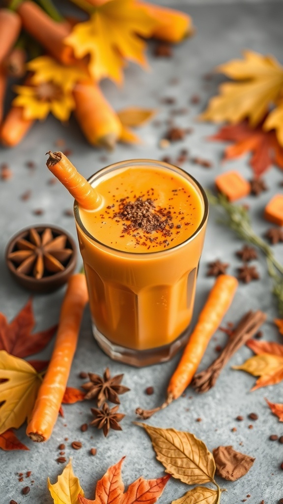 A spiced carrot smoothie in a glass, surrounded by fresh carrots and autumn leaves.