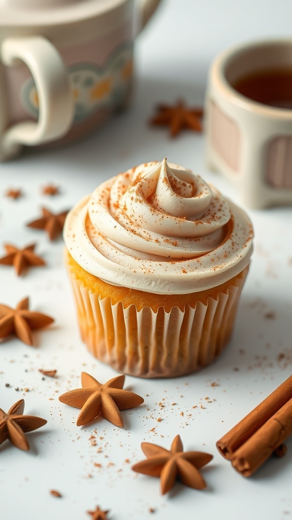 A spiced chai cupcake with creamy frosting, surrounded by star anise and cinnamon sticks.