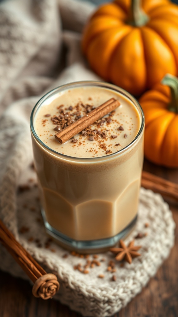 A glass of spiced chai pumpkin smoothie topped with cinnamon and surrounded by pumpkins.
