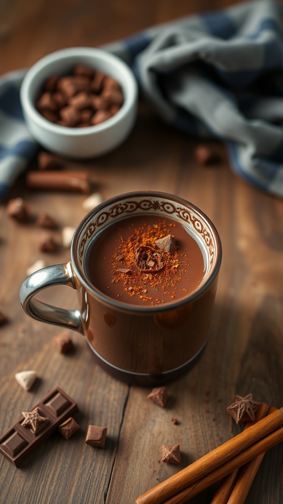 A cozy cup of spiced chocolate coffee with chocolate pieces and cinnamon sticks