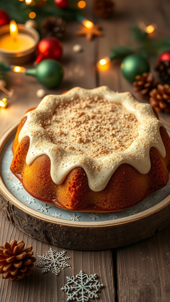 A beautifully decorated spiced eggnog cake with nutmeg, surrounded by festive holiday decorations.