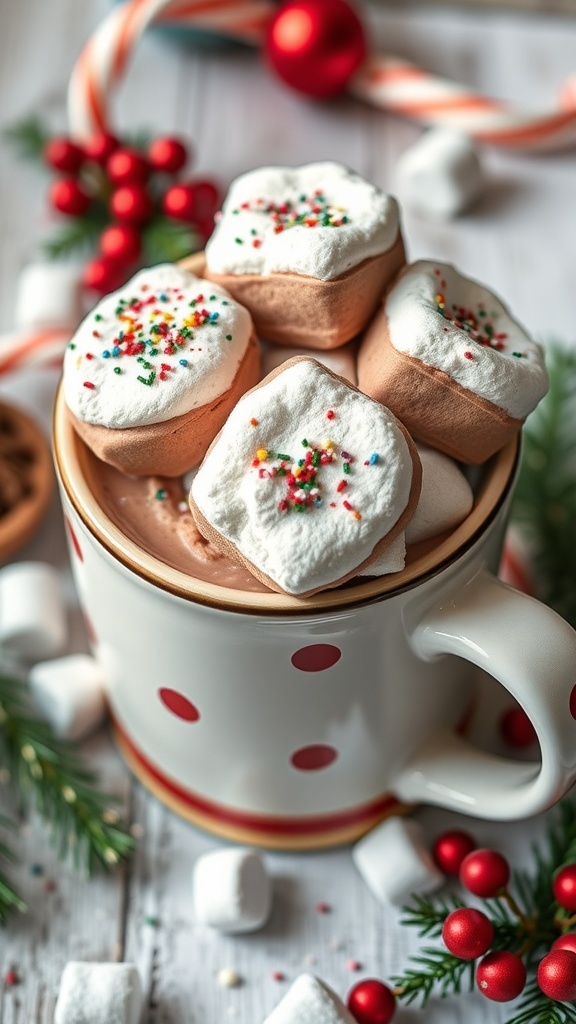 A cozy mug filled with hot chocolate topped with marshmallows and colorful sprinkles, surrounded by festive decorations.