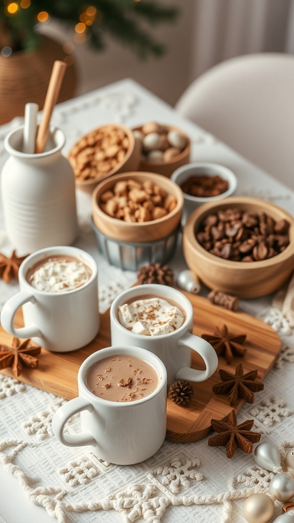 A cozy hot chocolate station with mugs of hot chocolate, whipped cream, and various toppings.