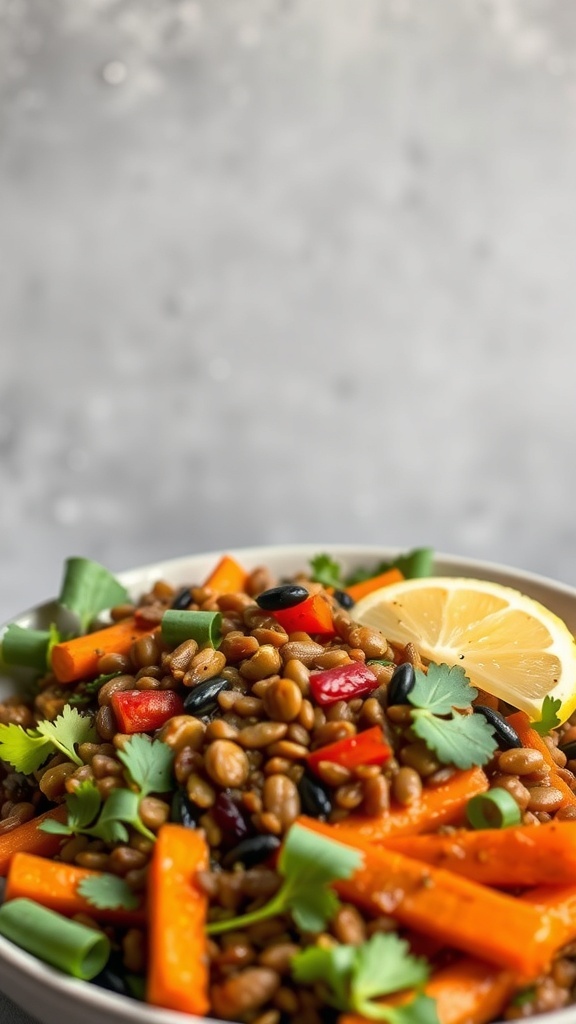 A vibrant spiced lentil salad with carrots, bell peppers, and lemon.