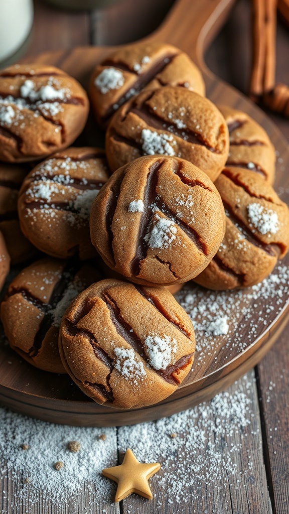 A plate of spiced molasses cookies dusted with powdered sugar, with a star-shaped decoration nearby.