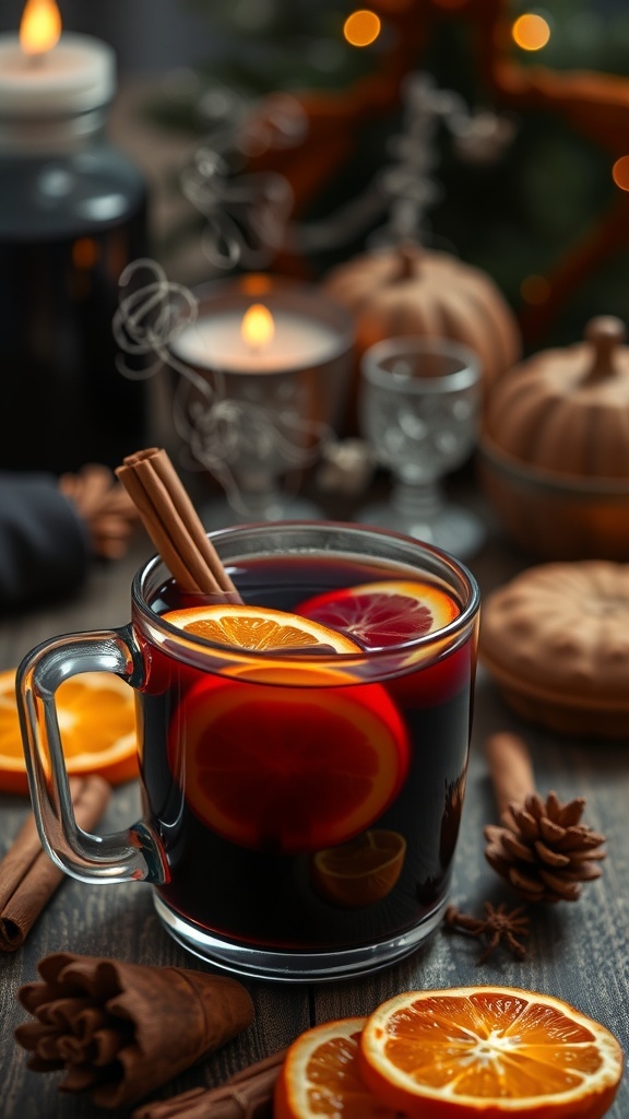 A cozy glass of spiced mulled wine with orange slices and cinnamon sticks, surrounded by festive decorations.