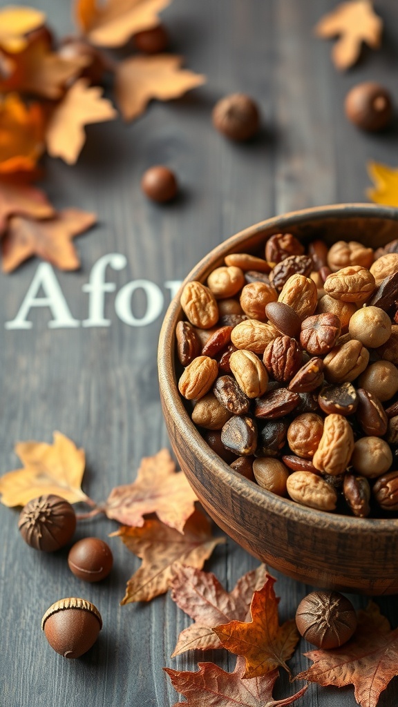 A wooden bowl filled with spiced nuts surrounded by autumn leaves.