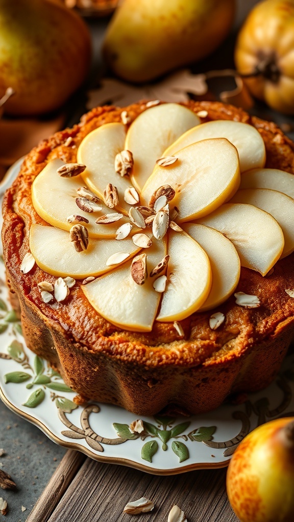 A spiced pear and almond cake topped with sliced pears and nuts, surrounded by fresh pears.