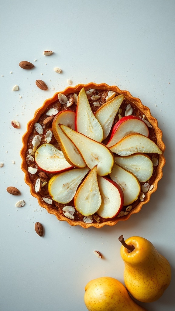 A spiced pear and almond tart topped with sliced pears and almonds, with whole pears beside it.