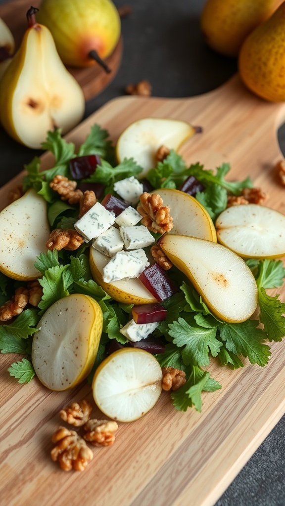 A fresh Spiced Pear and Gorgonzola Salad with walnuts and greens on a wooden board.