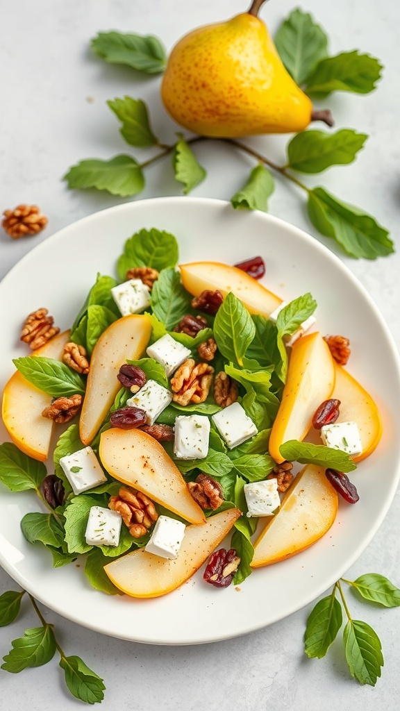 A fresh salad with sliced pears, walnuts, and cheese on a white plate, garnished with greens.