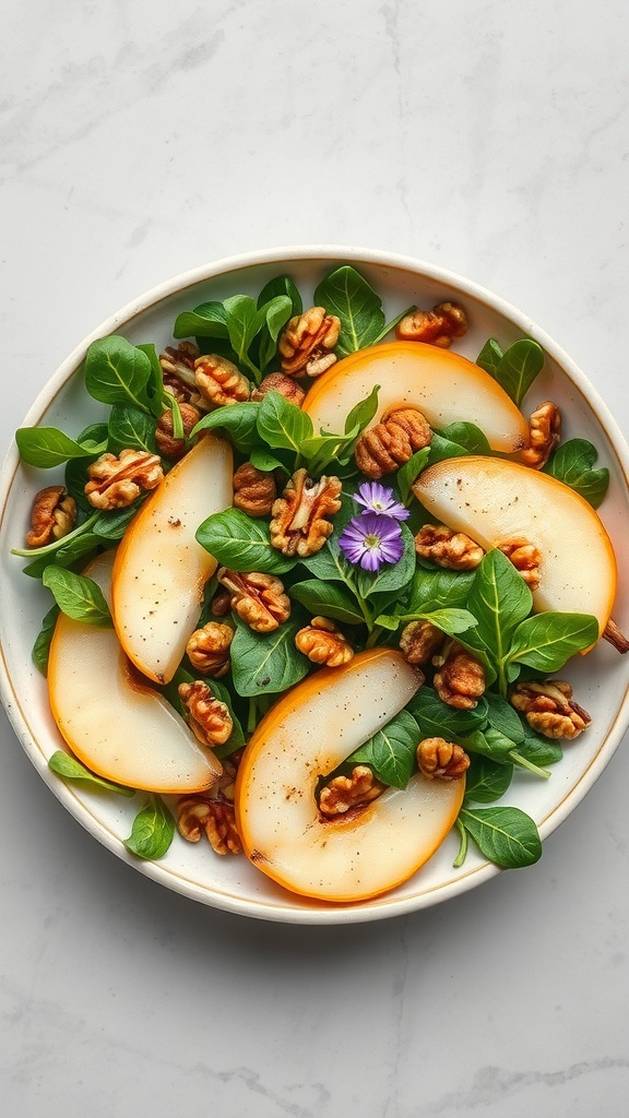 A bowl of spiced pear and walnut salad with greens, sliced pears, and walnuts.