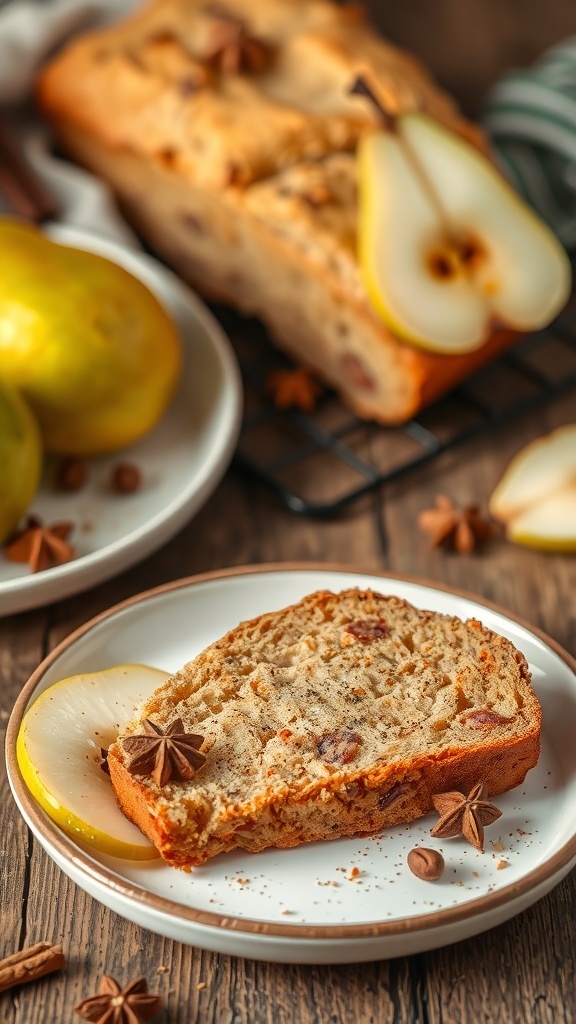 A slice of spiced pear bread on a plate with a pear and star anise beside it.