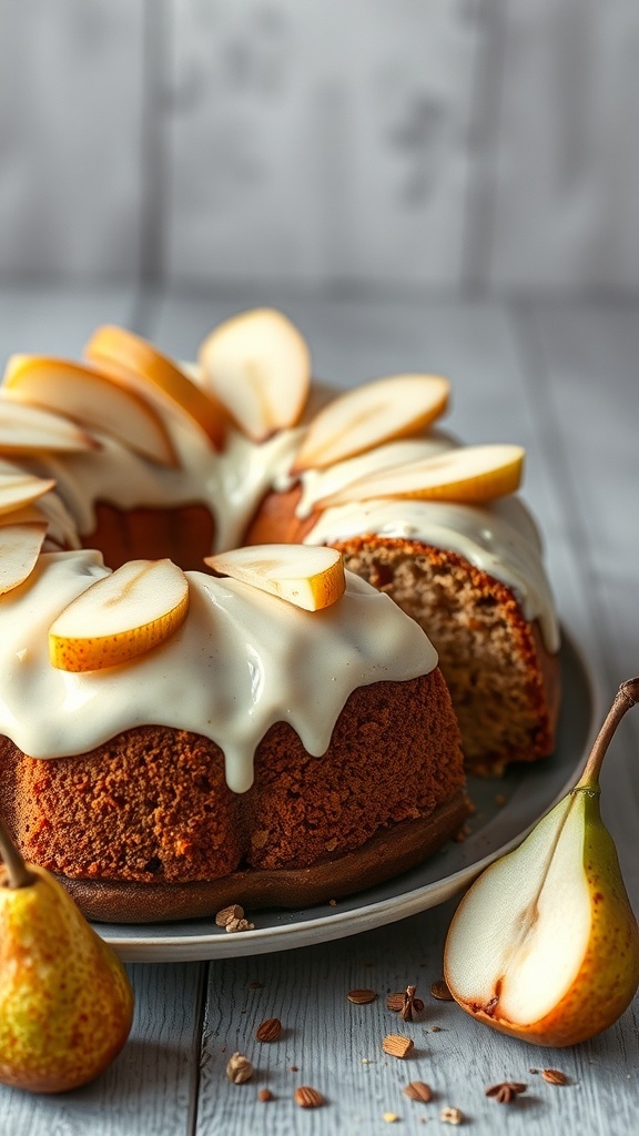A spiced pear cake topped with cream cheese frosting and fresh pear slices, displayed on a plate.