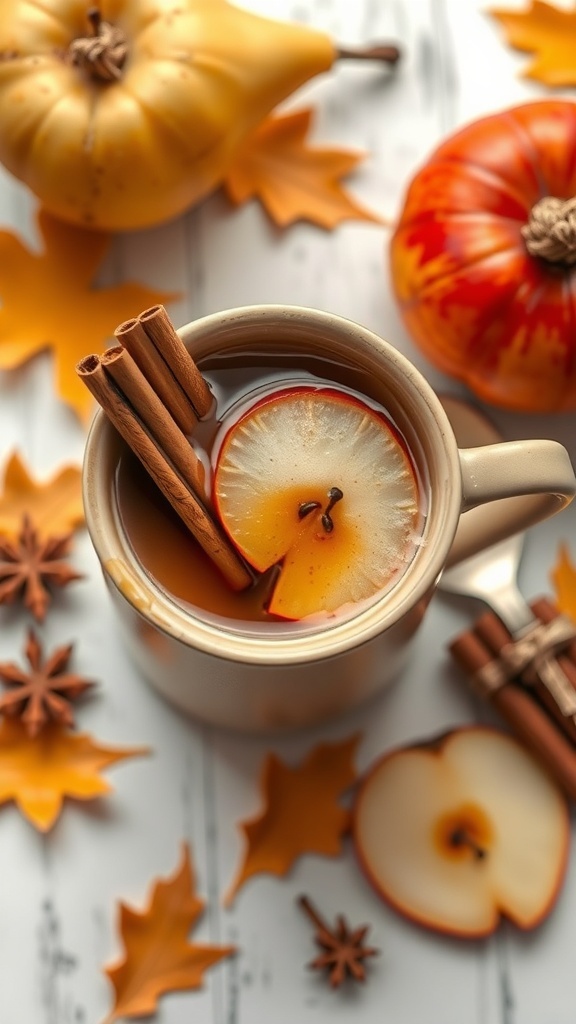 A cozy cup of spiced pear coffee with cinnamon sticks and autumn decorations.