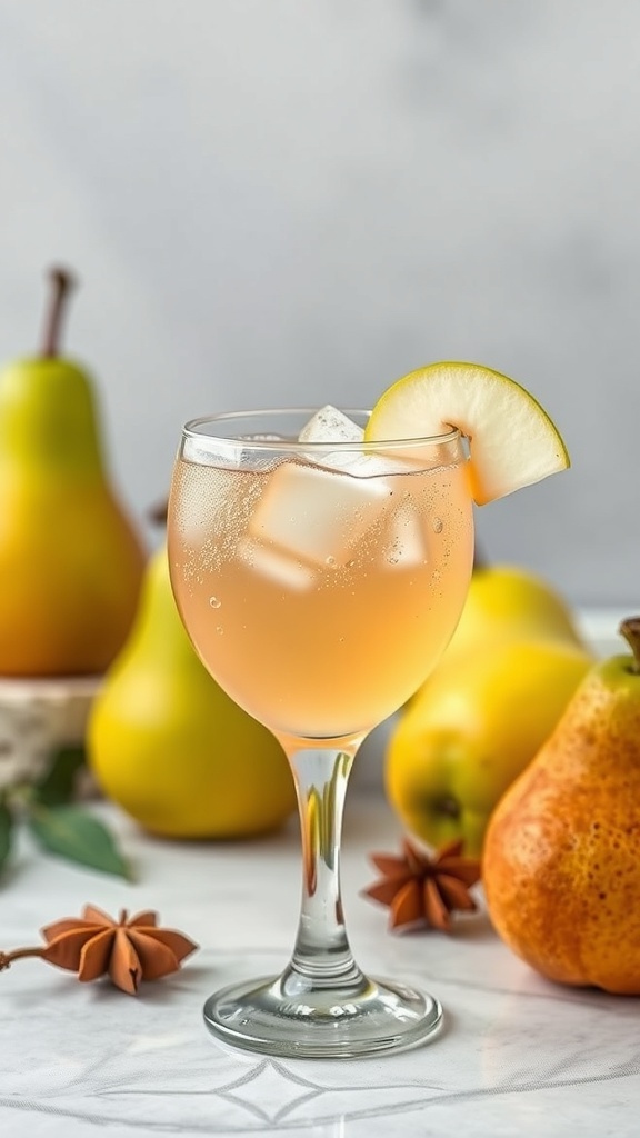 A refreshing Spiced Pear Fizz cocktail in a glass, garnished with a pear slice, surrounded by fresh pears and star anise.