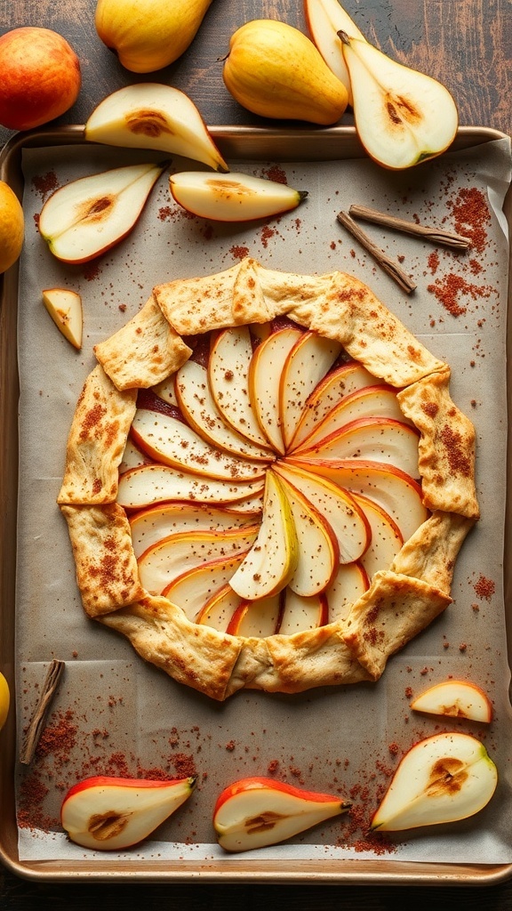A spiced pear galette with sliced pears arranged beautifully, surrounded by whole pears and cinnamon sticks.