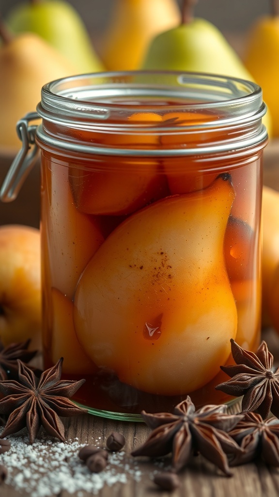 A jar of spiced pear jam surrounded by star anise and coffee beans, with fresh pears in the background.