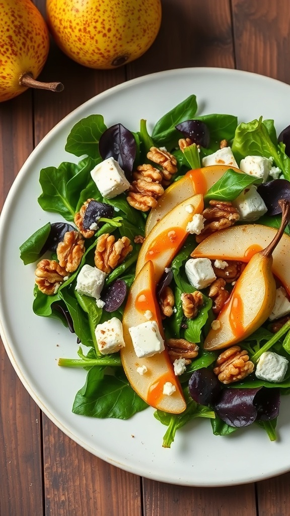 A colorful spiced pear salad with greens, walnuts, and feta cheese on a plate.