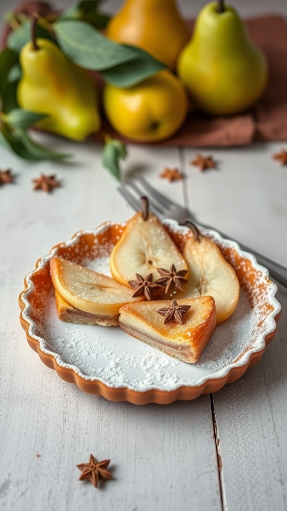 A spiced pear tart with star anise on a plate, surrounded by fresh pears.