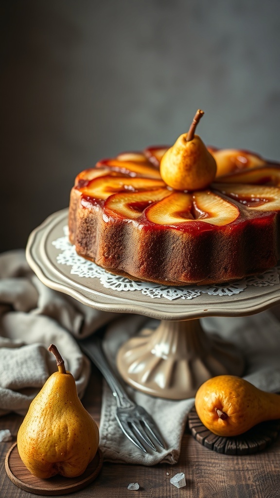 A spiced pear upside-down cake topped with caramelized pears on a decorative cake stand.