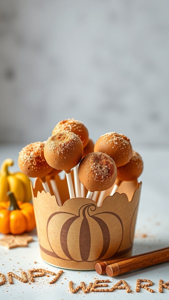 A display of spiced pumpkin cake pops in a pumpkin-themed holder, topped with cinnamon sprinkles.