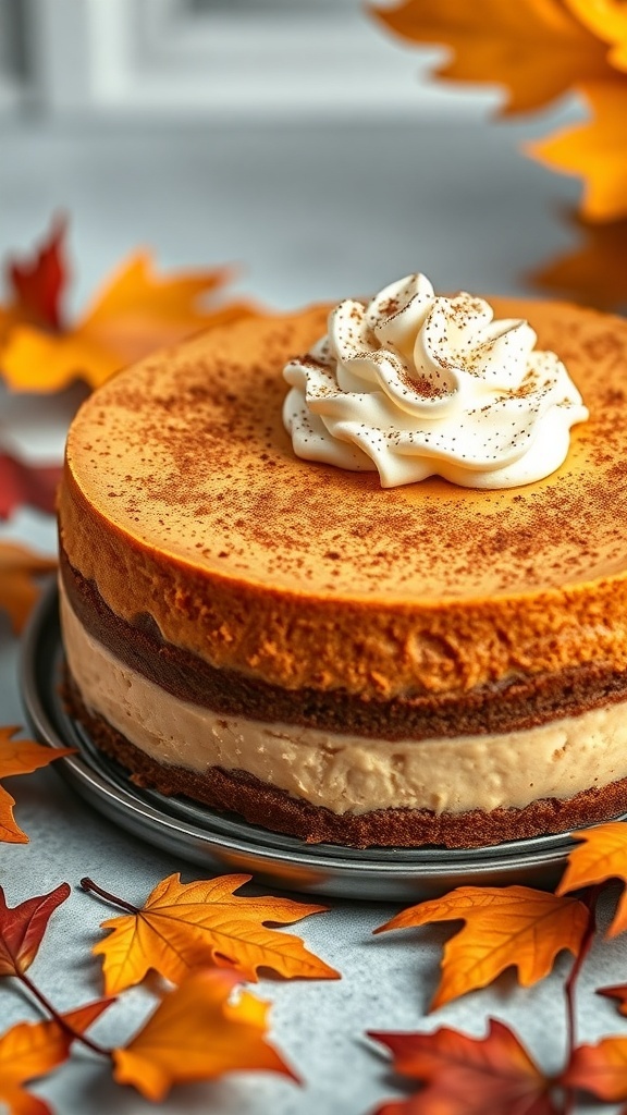 A spiced pumpkin cheesecake topped with whipped cream, surrounded by autumn leaves.