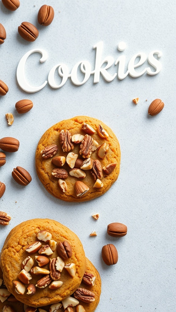 Spiced pumpkin cookies topped with nuts and the word 'Cookies' in the background.