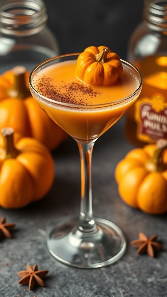A spiced pumpkin martini garnished with a mini pumpkin, surrounded by small pumpkins and star anise.