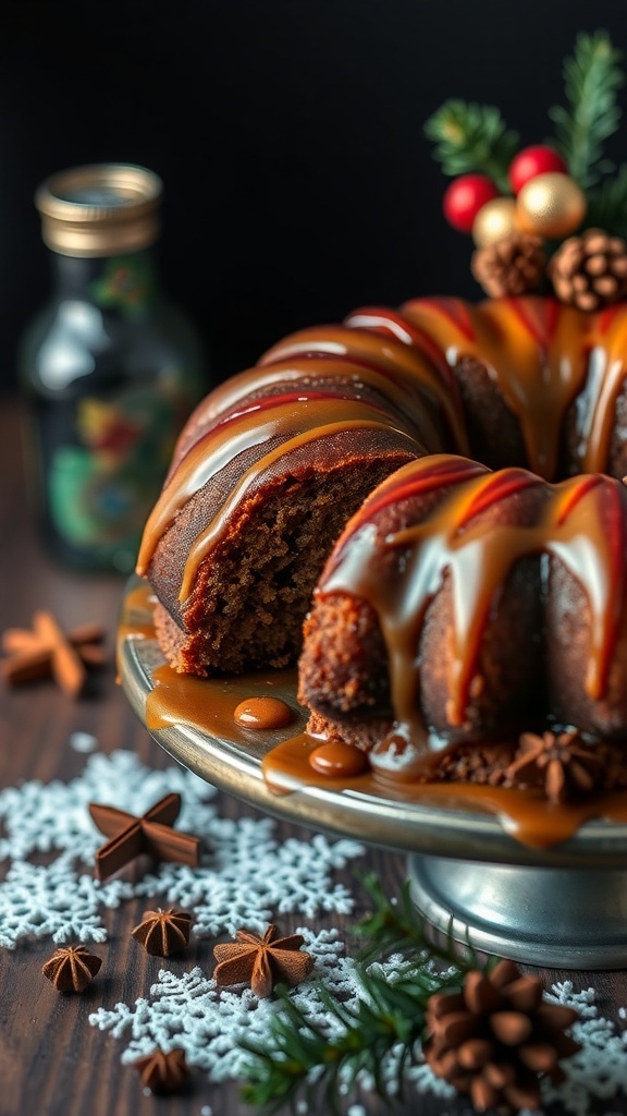 A beautifully glazed spiced rum cake displayed on a silver cake stand, surrounded by festive decorations.