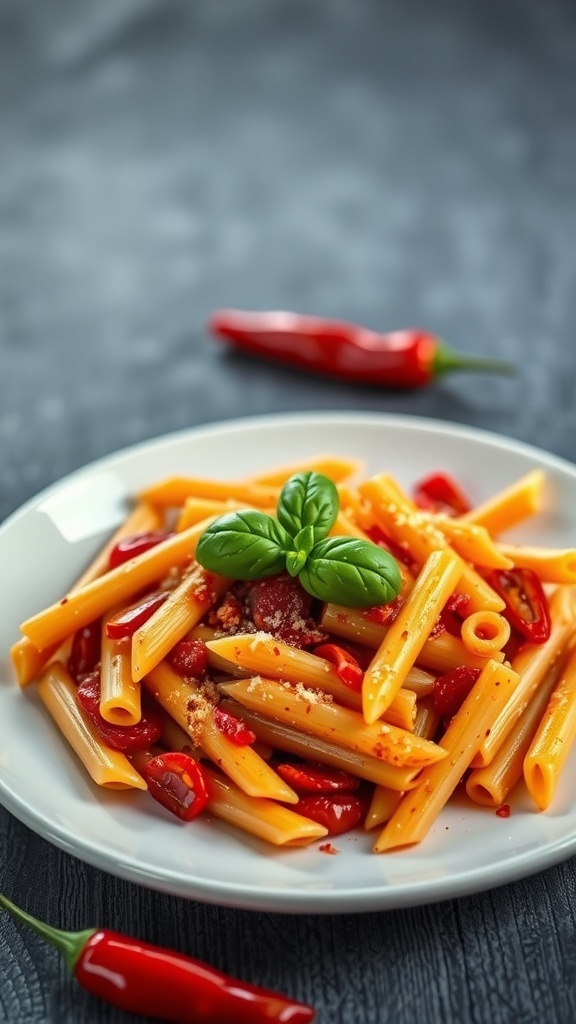 A plate of spicy arrabbiata penne pasta garnished with basil and red chili peppers.