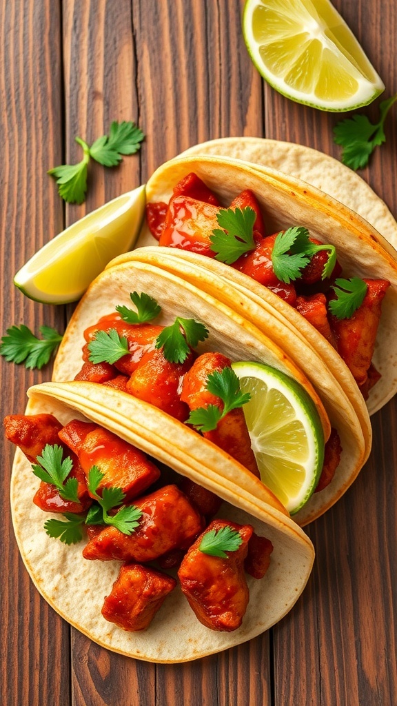 Three spicy BBQ chicken tacos with lime wedges and cilantro on a wooden table.