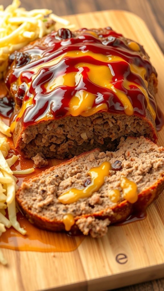 Spicy BBQ meatloaf topped with cheddar cheese and barbecue sauce, served with coleslaw.