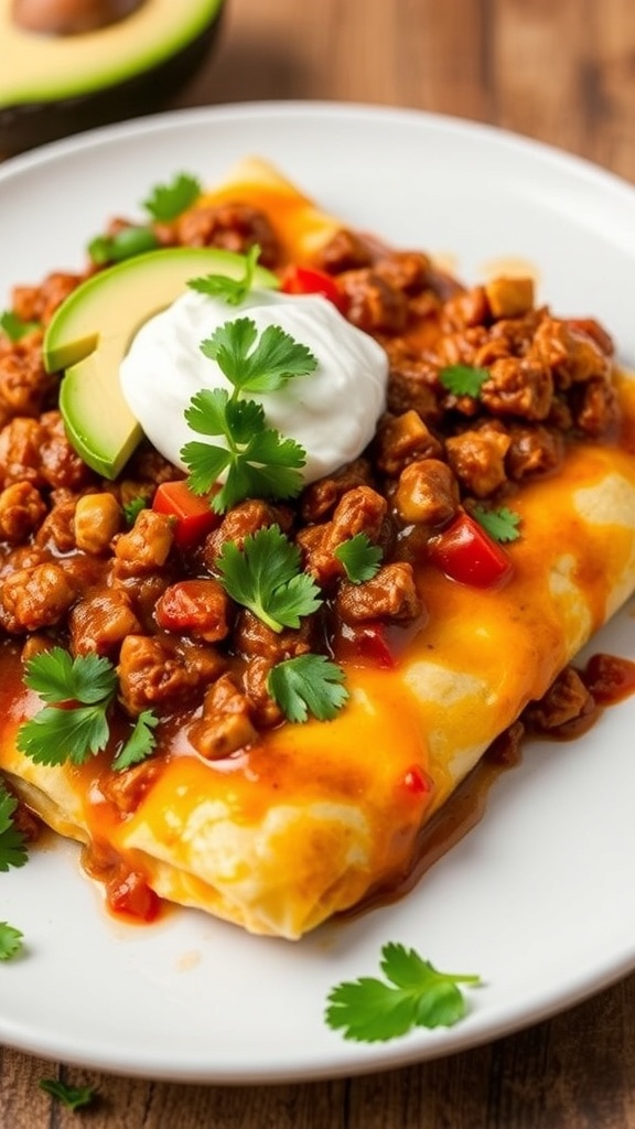 A plate of spicy beef enchiladas topped with cheese, sour cream, and avocado slices.