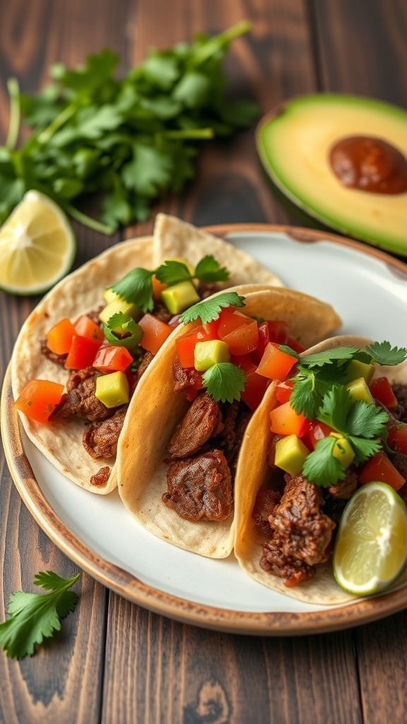 Three spicy beef tacos topped with fresh salsa on a plate