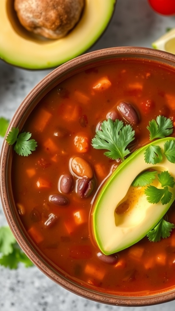 A bowl of spicy black bean soup topped with avocado slices and cilantro, with fresh ingredients in the background.
