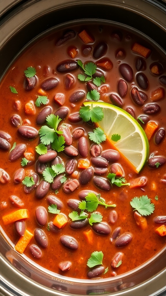 A delicious bowl of spicy black bean soup in a crock pot, garnished with lime and cilantro.