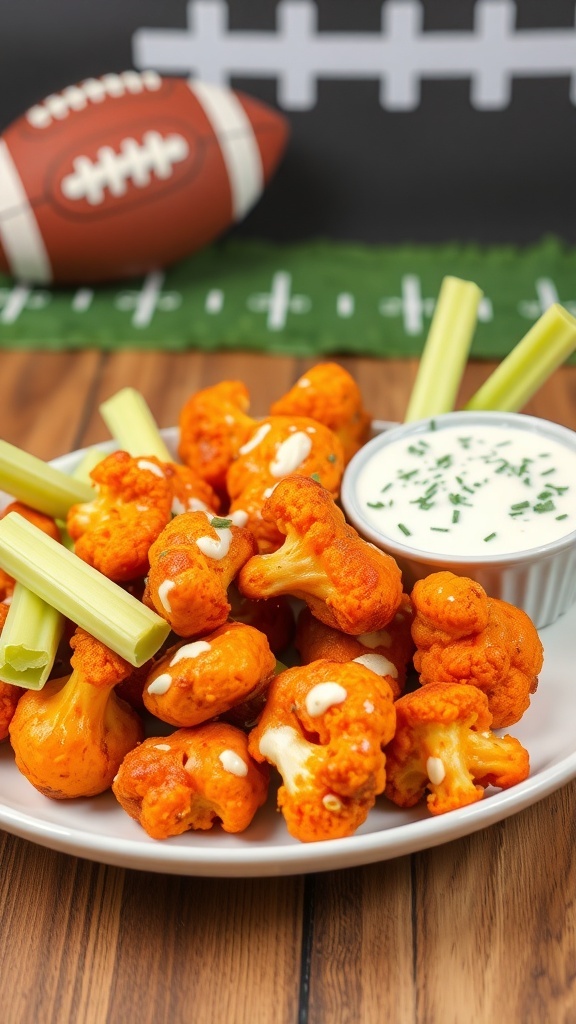 Plate of spicy buffalo cauliflower bites with celery sticks and dipping sauce, with a football in the background