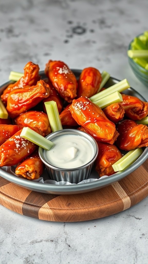 A plate of spicy buffalo chicken wings with celery sticks and ranch dressing.
