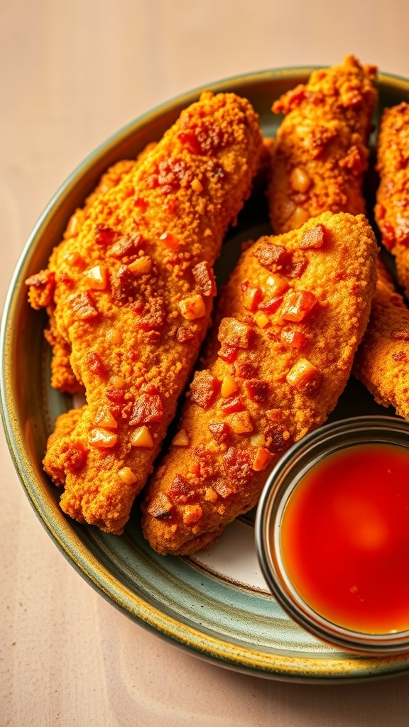 Plate of crispy spicy Cajun chicken tenders with a side of dipping sauce.