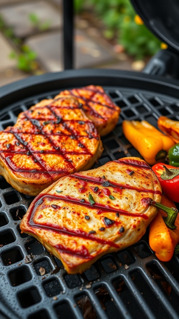 Grilled spicy Cajun pork chops with mini bell peppers on a grill.