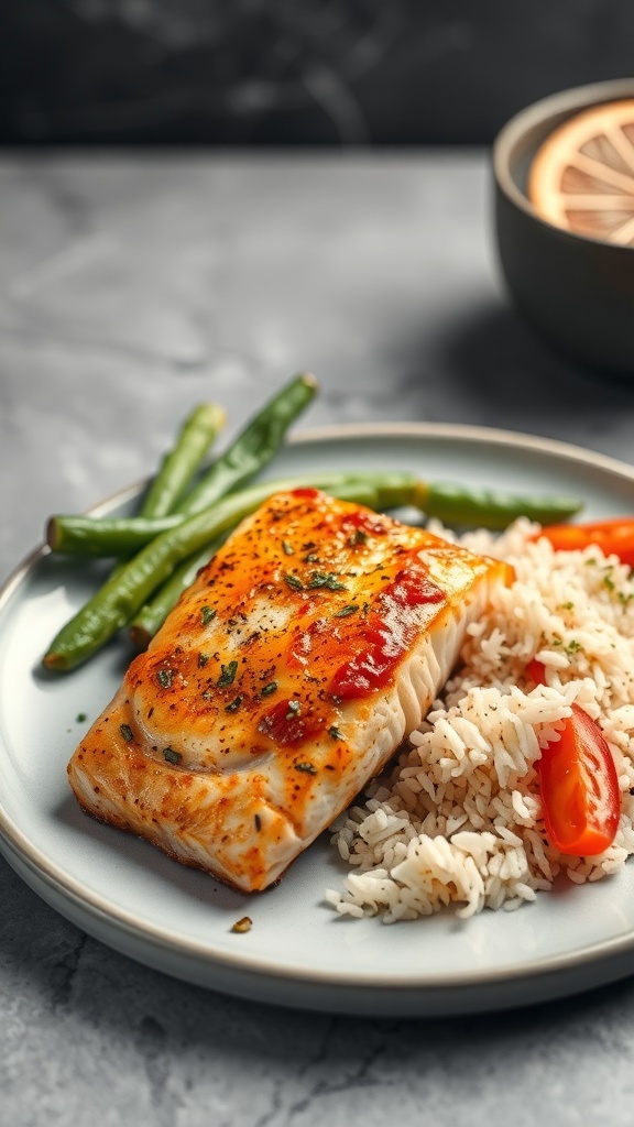 A plate of spicy Cajun salmon served with rice and green beans.