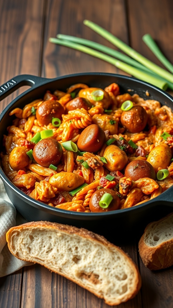 A pot of spicy chicken and sausage jambalaya with pasta, garnished with green onions, served with slices of bread.