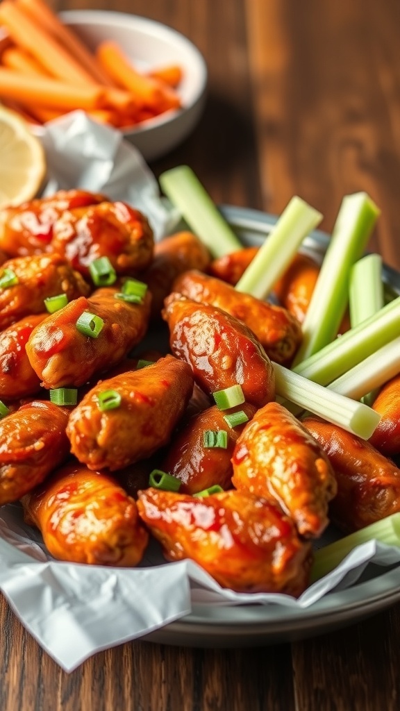 A plate of spicy chicken wings garnished with green onions, served with celery sticks and carrots.