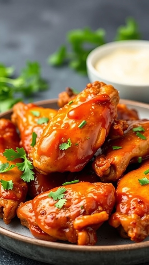 A plate of spicy chicken wings coated in sauce, garnished with cilantro, served with a side of dipping sauce.