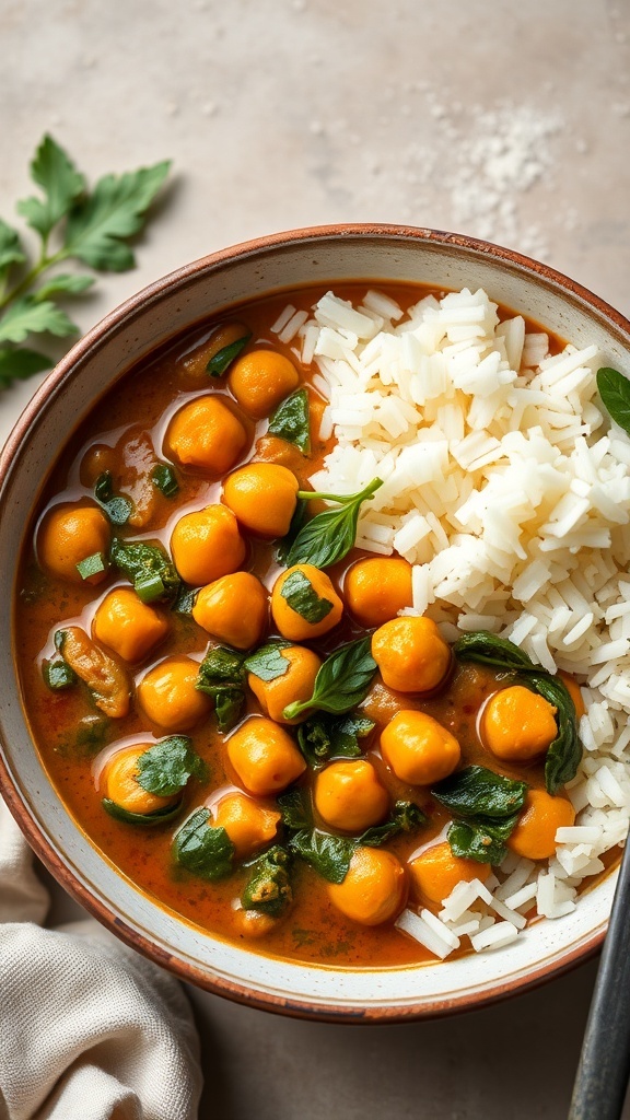 A bowl of spicy chickpea and spinach curry served with rice, garnished with fresh herbs.