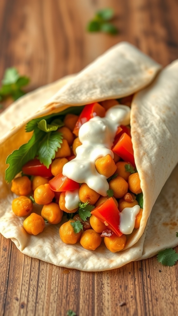 A spicy chickpea wrap filled with chickpeas, tomatoes, and sauce, wrapped in a tortilla.